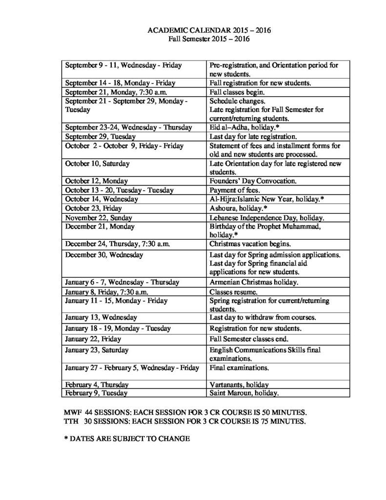 Academic Calendar 20152016 Haigazian University